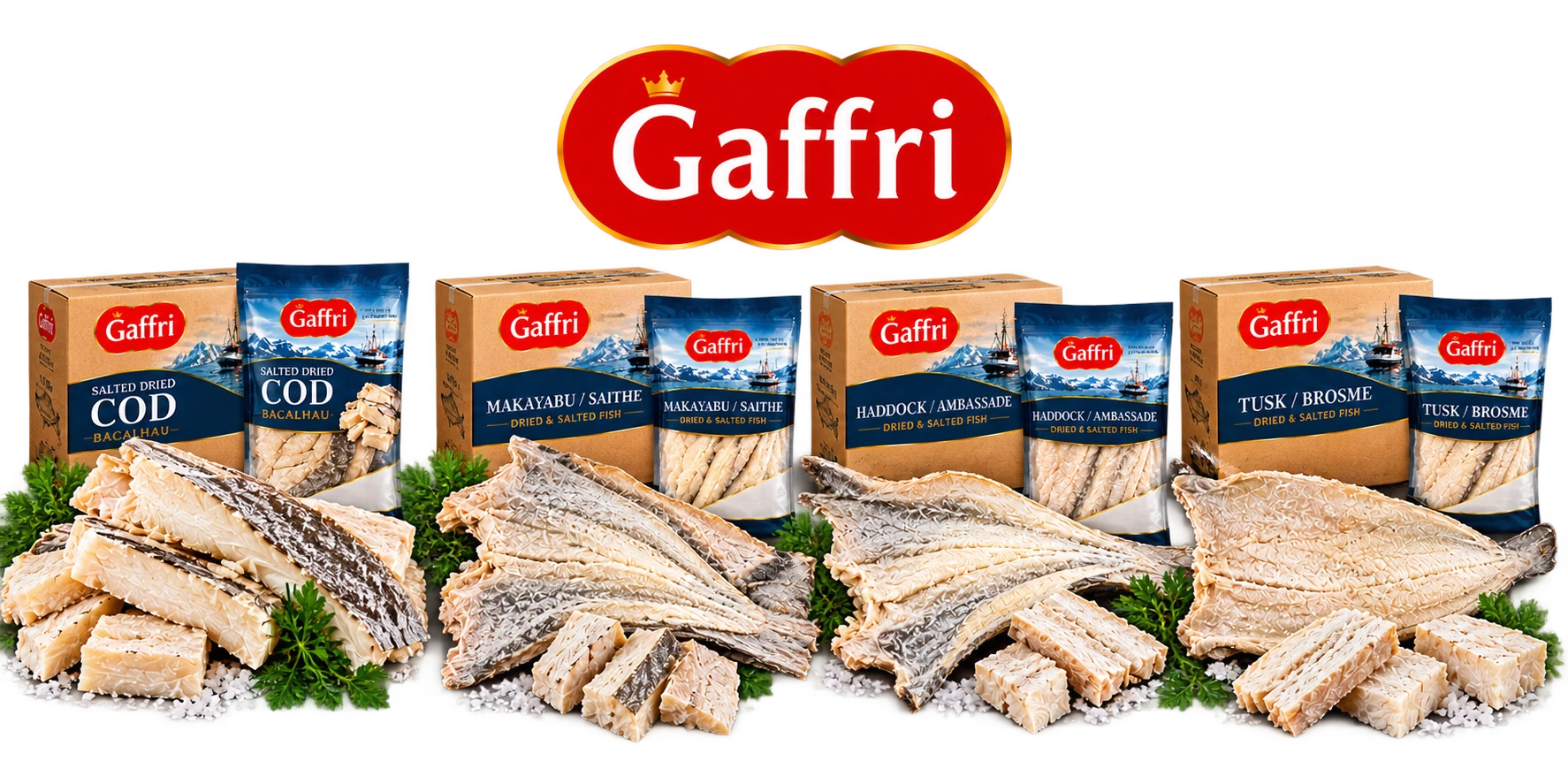 Caixas e pacotes de 1 kg dos peixes secos e salgados GAFFRI: bacalhau, makayabu/saithe, haddock e tusk