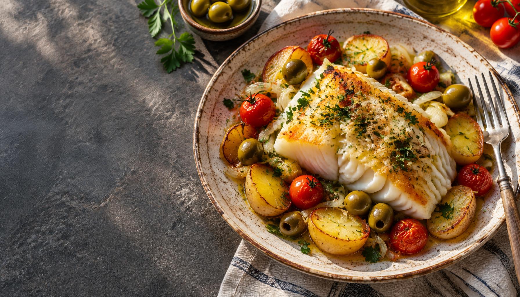 Bacalhau com batatas, azeite e azeitonas